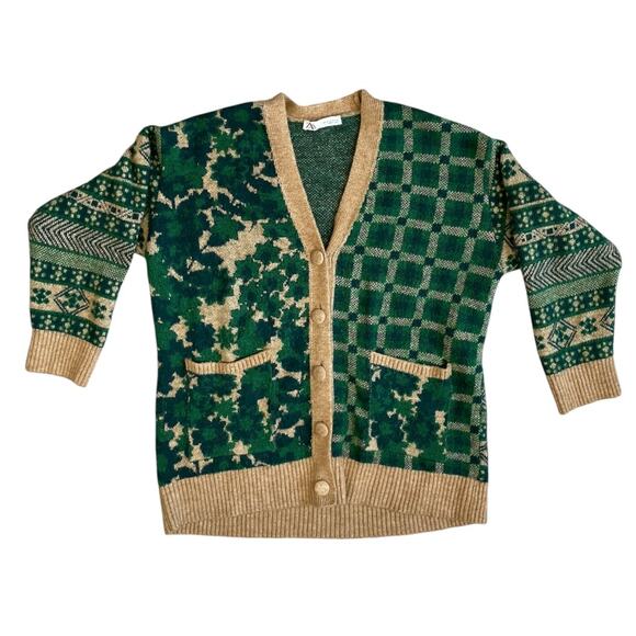 Zara Courtyard Patchwork Oversized Cardigan Sweater Green Tan Small - Picture 7 of 9
